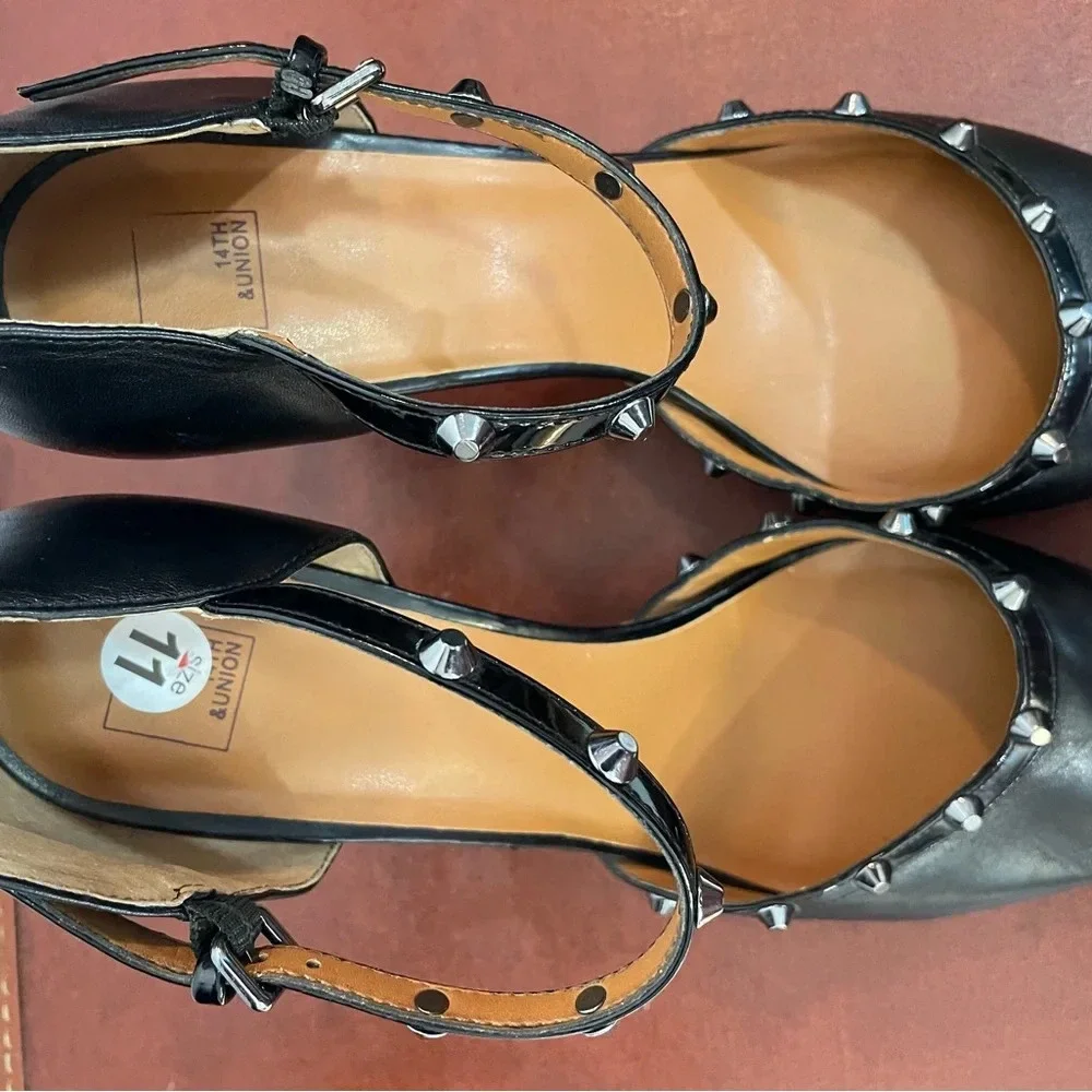 Women’s 11 14th & Union Black Stiletto Heels with Gold Studs‎ and Ankle Strap